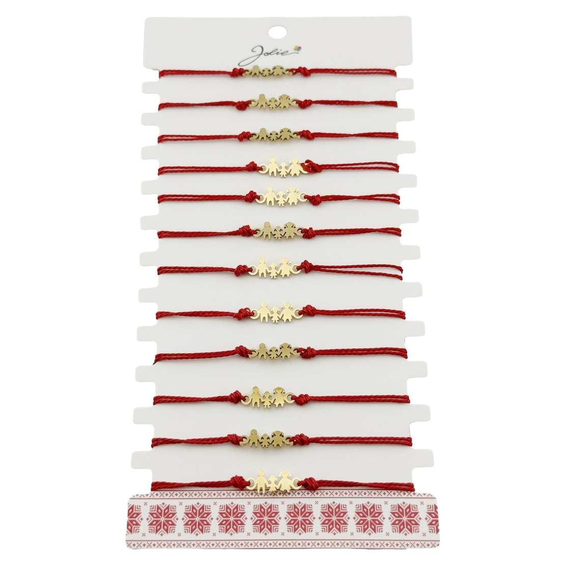 Bratara Martisor pentru Dama, Jolie, Model Familie, Set 12 bucati, Pandativ din Inox Auriu, Snur Ajustabil Impletit, Rosu