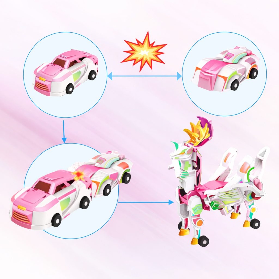 Jucarie Transformer Magnetica 3 in 1 Mars Deer Cosmic Planet, Flippy, 3 Masini Care se Transforma in Pegas Inaripat, Atractie Magnetica, 3+ Ani, din ABS, Roz