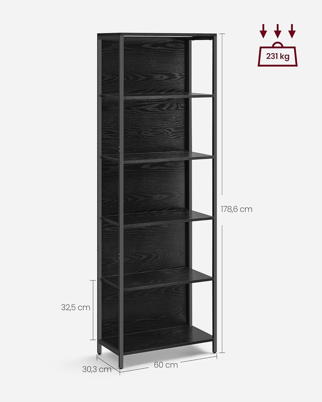 VASAGLE Biblioteca cu 6 rafturi si iluminare LED reglabila 25 culori, cadru metalic, 30x60x179 cm, negru