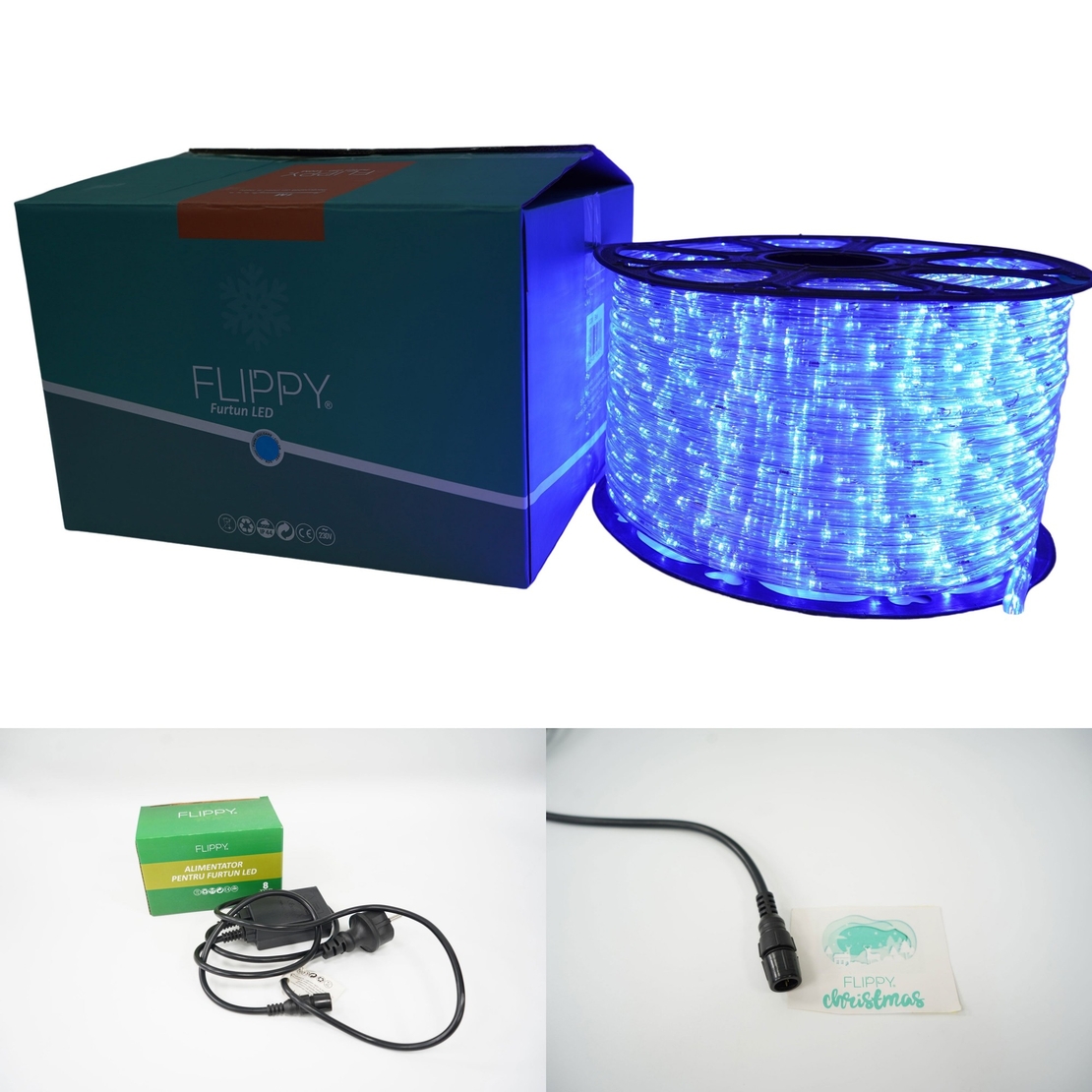 Instalatie Craciun, 16 m, 384 Led-uri, Furtun Luminos, Albastru, Transformator, 8 jocuri de lumini, Sectionabila, 220 V, Vafy