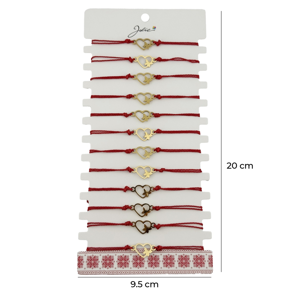 Bratara Martisor pentru Dama, Jolie, Model Inima cu Fluture, Set 12 bucati, Pandativ Auriu din Inox cu Snur Rosu Ajustabil