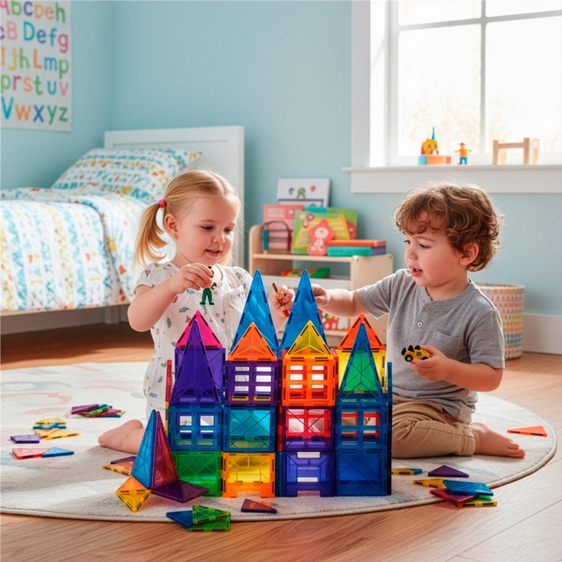 Set de constructie din piese magnetice educative pentru copii 60 de piese, multicolor