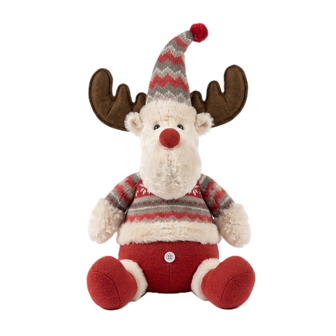 Ren De Plus Festiv, Flippy, Ren cu Nas Rosu si Pulover, Decoratiune De Craciun, Ornament De Pus Pe Polita Sau Sub Brad, 38 cm, Multicolor