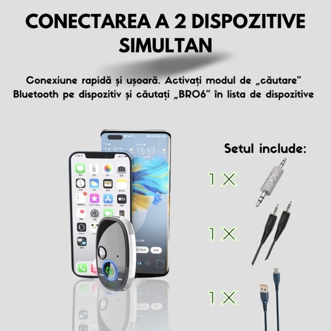 Adaptor Auto, Flippy, Bluetooth 5.0, Auxiliar, Asistenta Vocal, Jack 3.5 mm, Pentru Telefon Mobil si Sistem Audio Auto, Negru