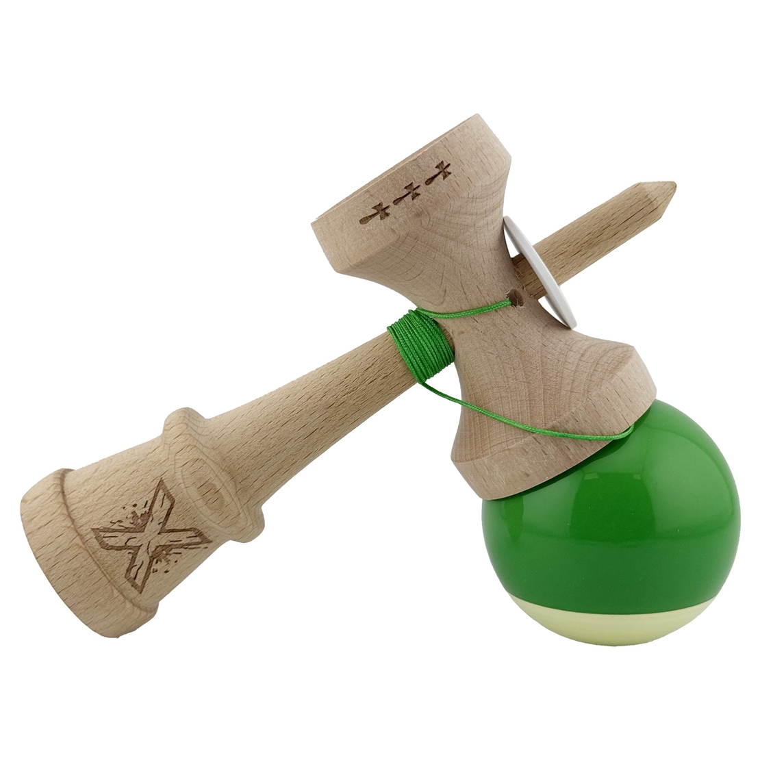 Kendama X Originala, Profesionala, Flippy, Super Sticky cu Cupe Mari KING SIZE V3, Gaura in Baza, Rulment Metalic, din lemn 18 cm, Ata 62/65 cm, Bicolor Verde/Alb