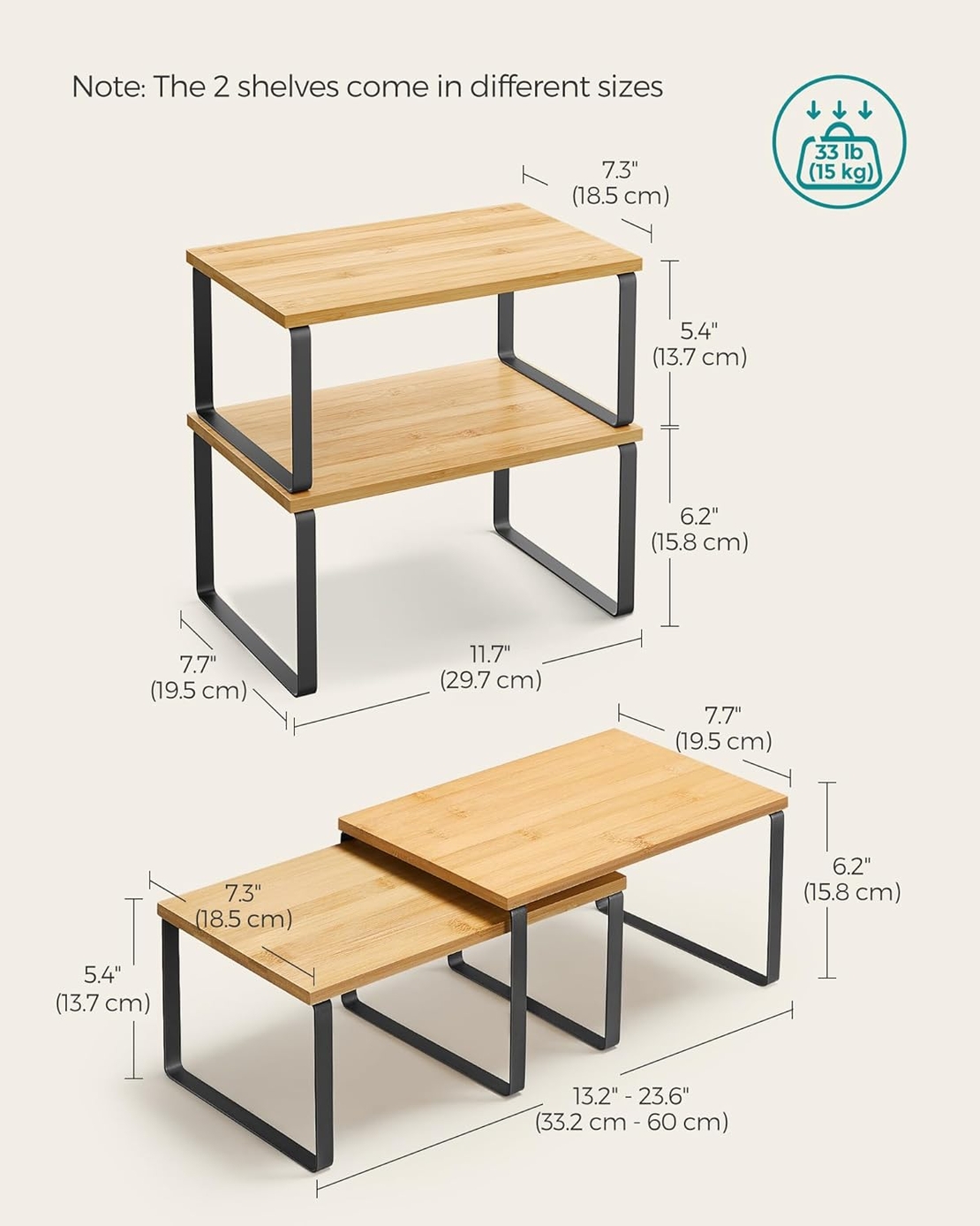 SONGMICS Set 4 rafturi de bucatarie suprapozabile, pentru ustensile sau condimente, 20x30x16cm, natur si negru