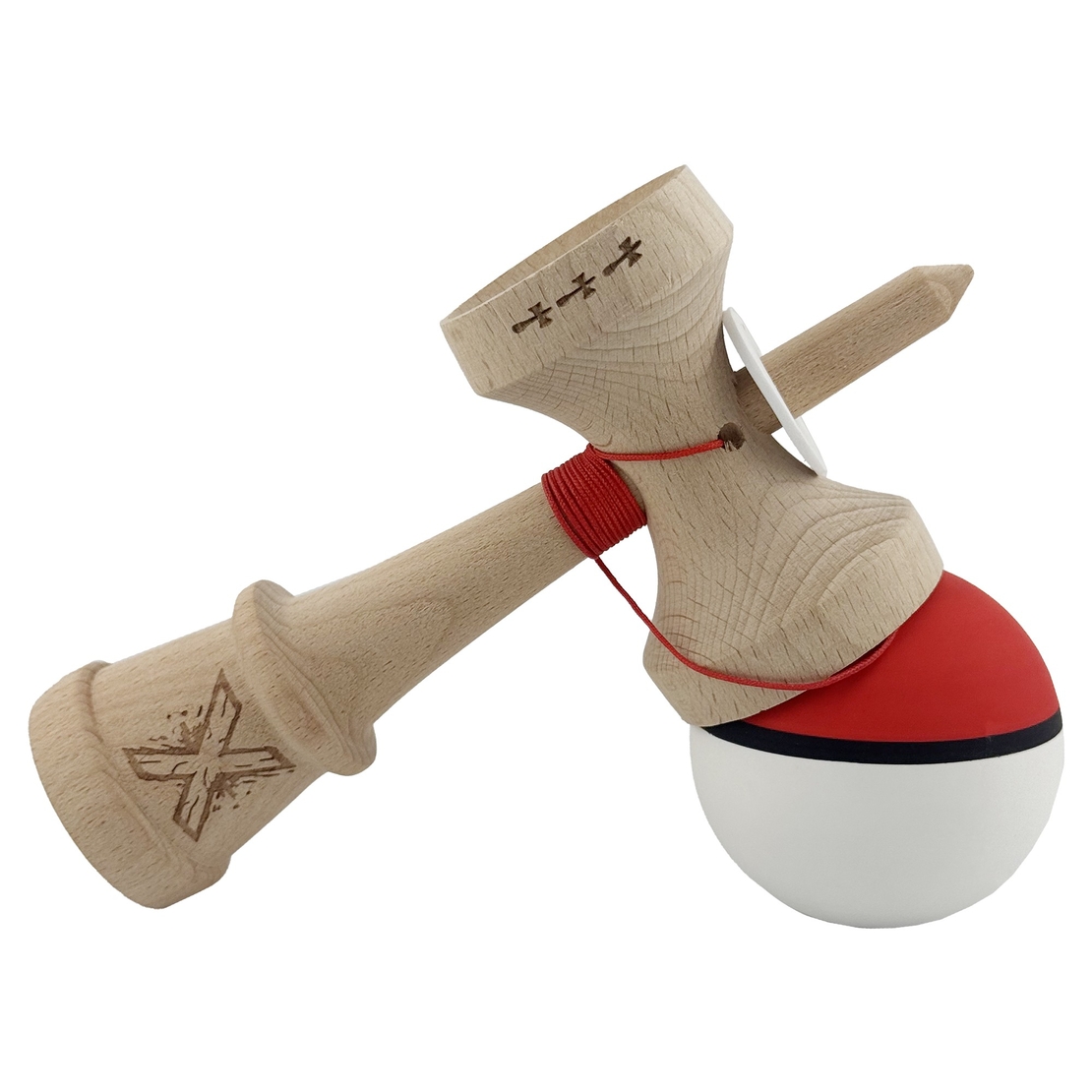 Kendama X Originala, Profesionala, Flippy, Cupe Mari KING SIZE V3, Rubber Grip, Gaura in Baza, Rulment Metalic, din lemn 18 cm, Ata 62/65 cm, S Bicolor Rosu/Alb