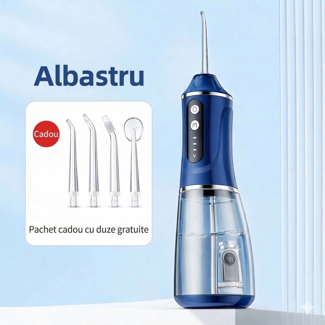 Irigator Bucal Electric, Flippy, Portabil, Dus Bucal pentru Curatare, Indepartare Tartru, 4 Capete, 25 x 8 x 8 cm, Albastru
