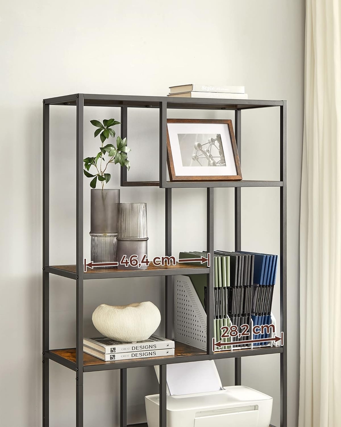 VASAGLE Biblioteca cu forma geometrica, pe 6 nivele, stil industrial, 30x80x180cm, maro rustic si negru