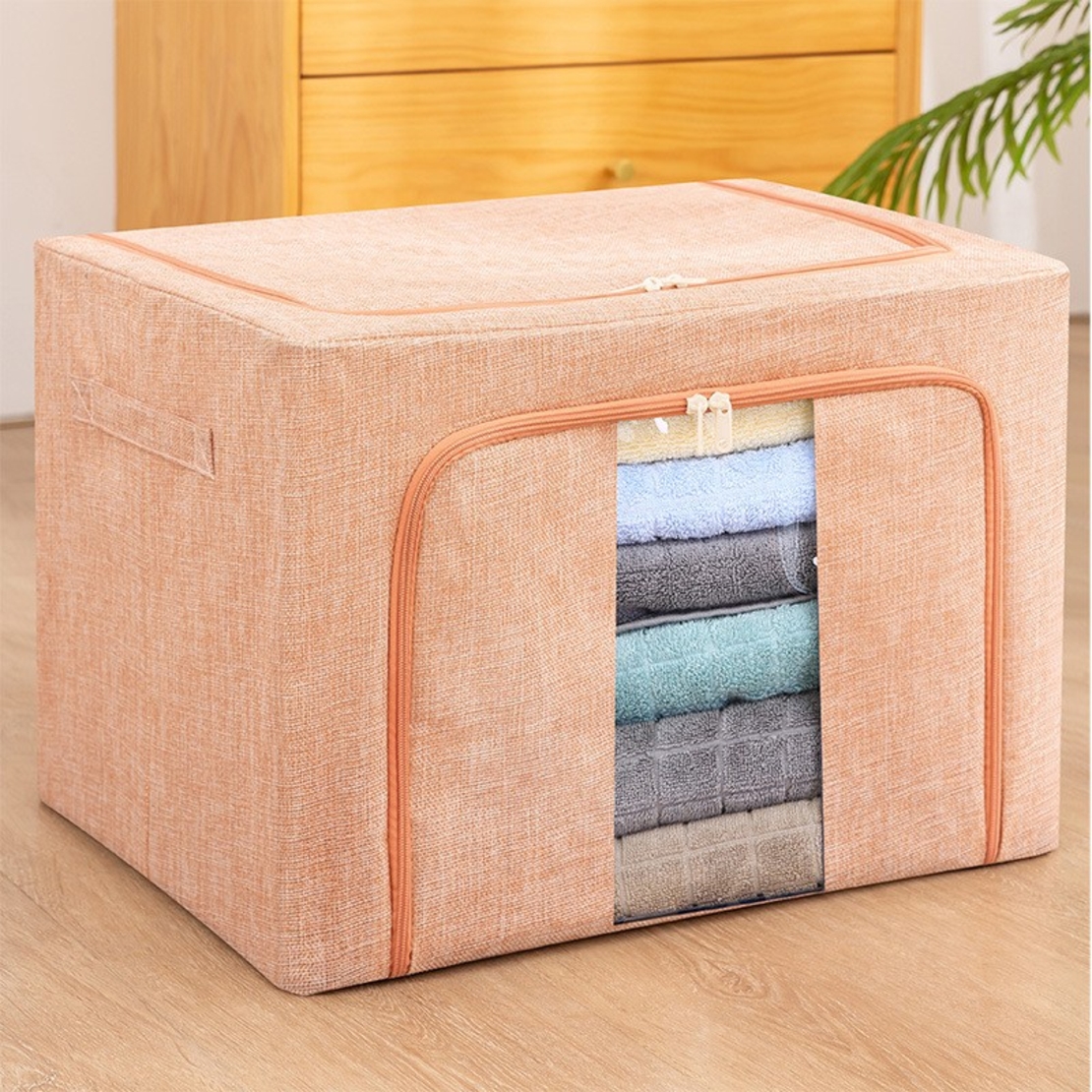 Cutie de Depozitare Pliabila, Flippy, 66 L, din Bumbac si In, 50x40x33 cm, Fereastra Frontala, 2 Usi de Acces cu Fermoar Bidirectional, Cadru Metalic, Suport Baza Stabil din Plastic, Roz Pudrat