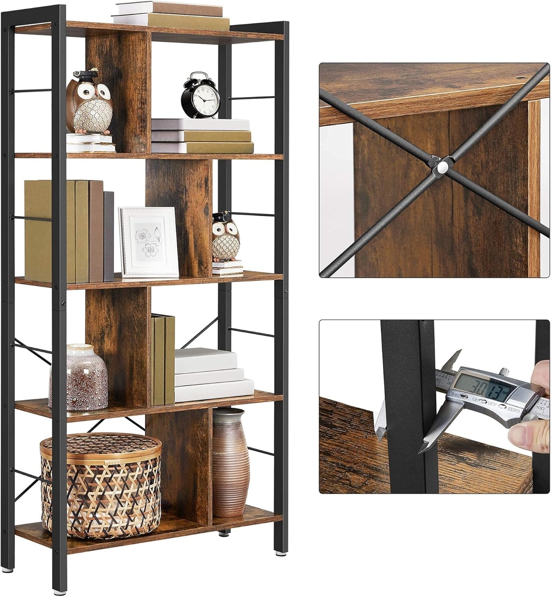 VASAGLE Biblioteca cu 4 rafturi, cadru metalic, stil industrial, 74x30x155 cm, maro rustic