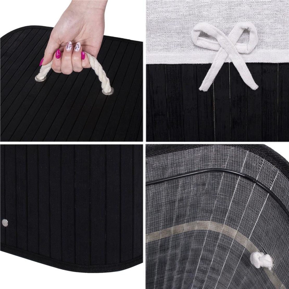 Cos de rufe cu capac, din bambus cu sac textil detasabil, 72 litri, 40x30x60 cm, negru