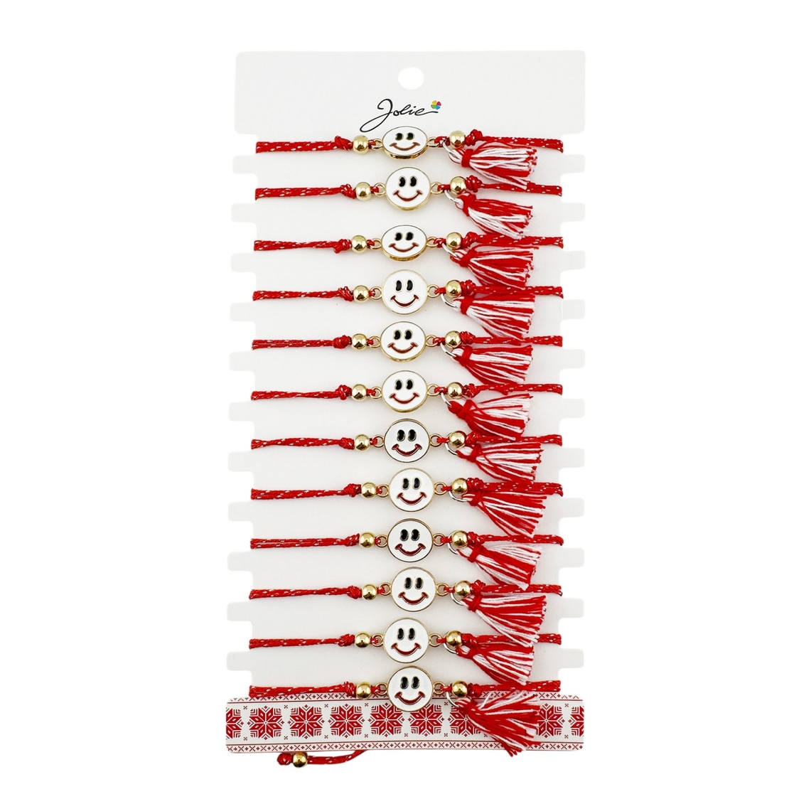 Martisor Bratara cu Ciucure pentru Dama, Jolie, Model Fata Zambitoare, Set 12 bucati, Pandativ din Inox, Snur Reglabil, Rosu/Alb