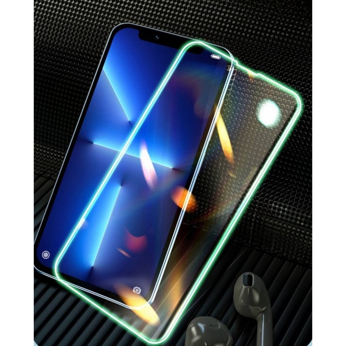 Folie Sticla Securizata Flippy, Luminous, compatibila cu Apple iPhone 14 Pro, Margine fosforescenta verde
