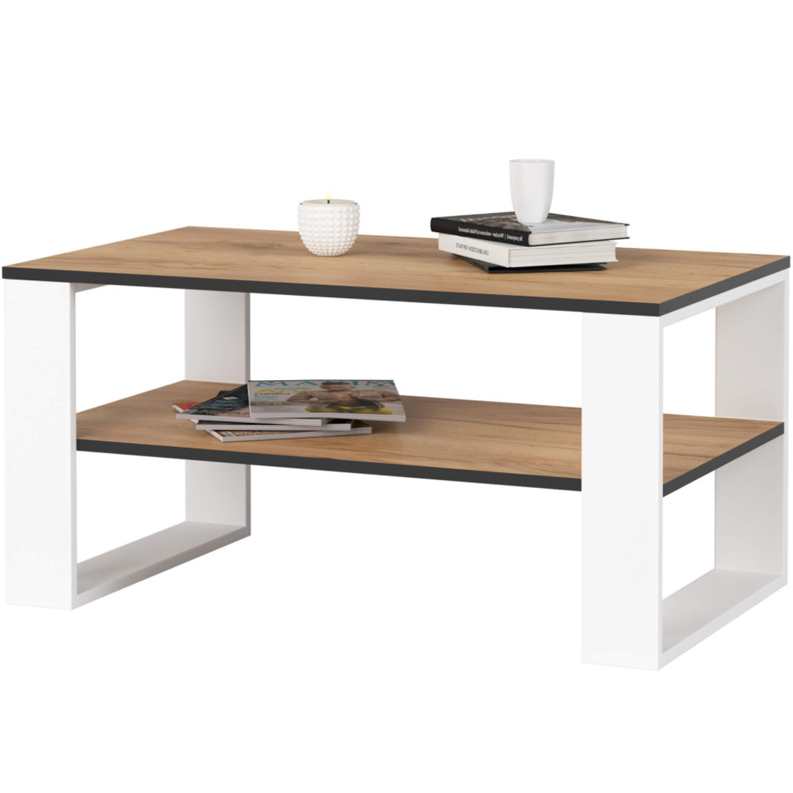 Masuta cafea ALEX cu raft inferior, PAL laminat, 92x53x45 cm, stejar craft si alb
