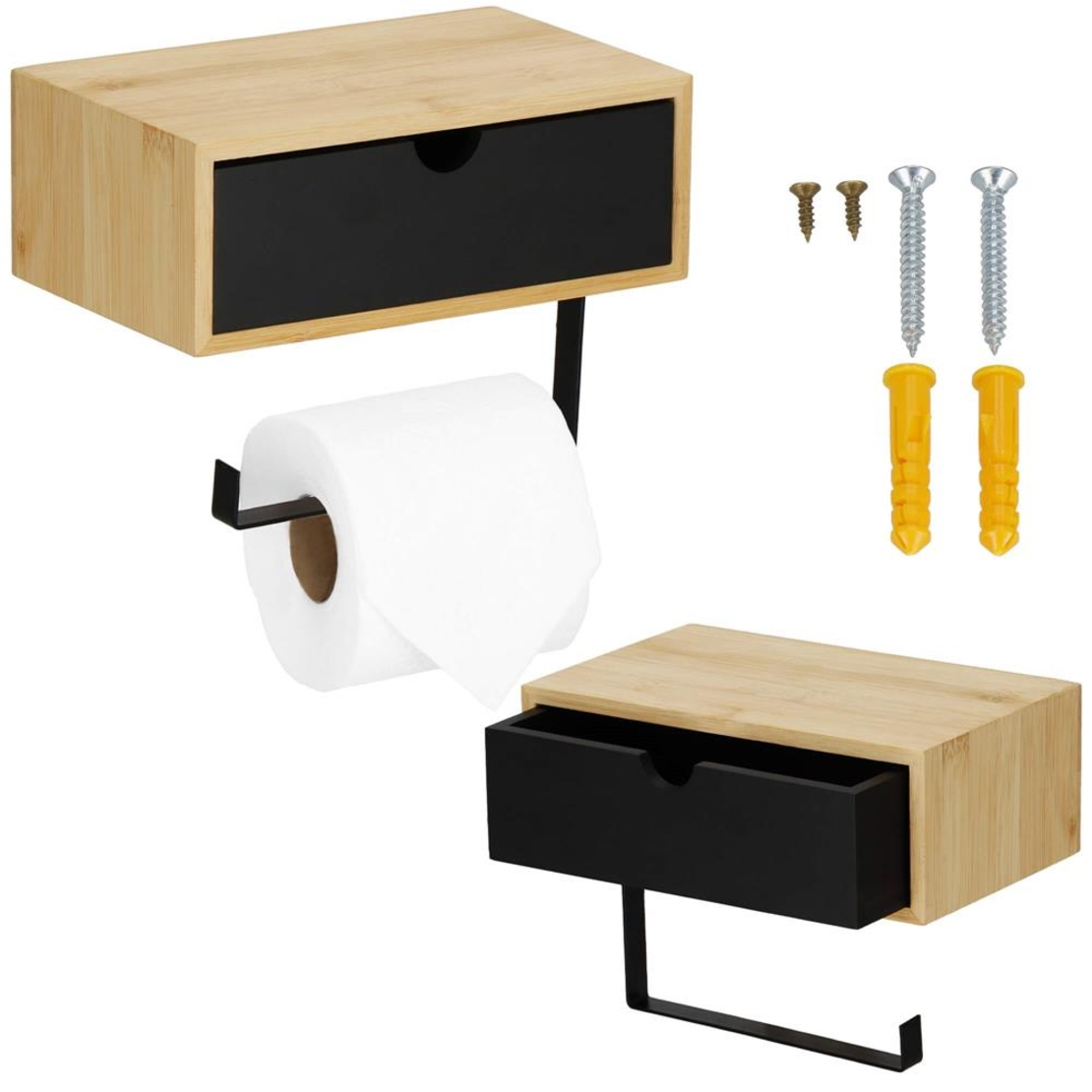 Suport hartie igienica din otel cu sertar depozitare, sistem montare inclus, 22cm, negru bej