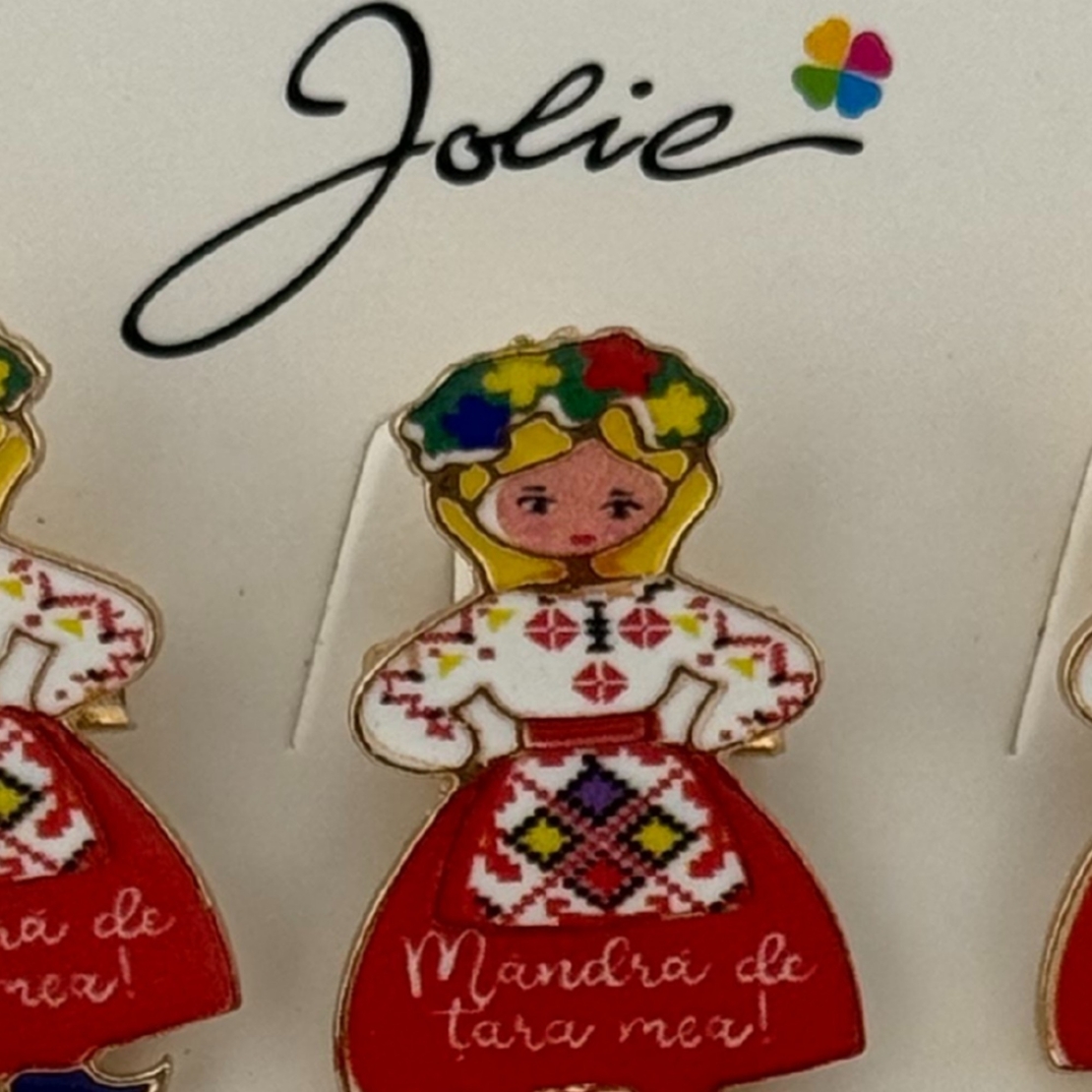 Set 12 Brose Martisor Primavara, Jolie, Model Fata, cu Mesaj Mandra de Tara Mea, Multicolor