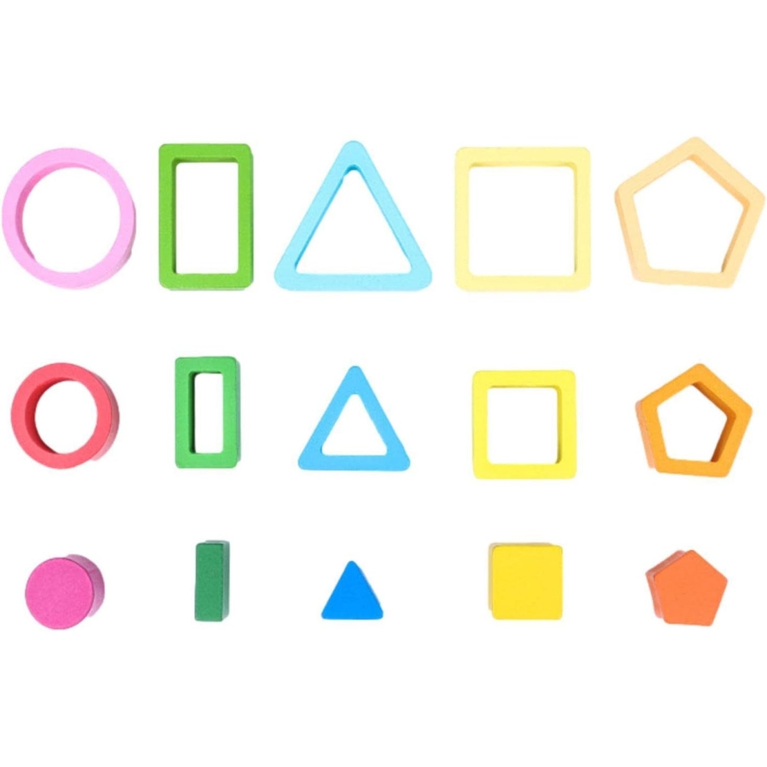 Jucarie Montessori din Lemn, Flippy, Tip Puzzle, cu 5 Forme Asimetrice, 15 Piese, Educativa, Interactiva, Creativa, Model Forme Geometrice, Materiale Non Toxice, +2 Ani, 29x6.5 cm, Multicolor