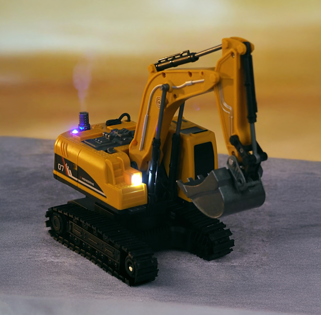 Set utilaje construction RC cu excavator si basculanta, lumini si abur, telecomanda, 3 accesorii incluse