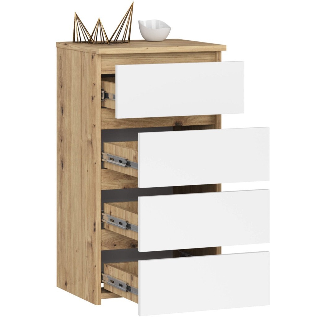 Comoda cu 4 sertare, PAL laminat 16mm, 40x35x74 cm, stejar artisan si alb