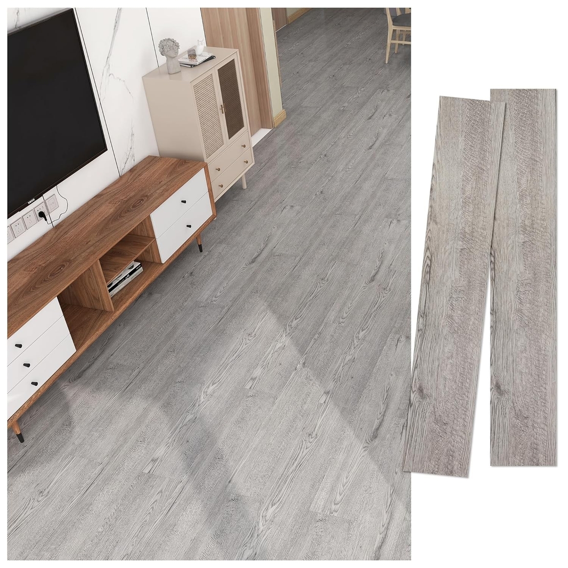 Set 36 Placi Autoadezive pentru Pardoseala, Vafy, din PVC, Impermeabil, Ignifug, Usor de Curatat, Dimensiune Placa 91.44 x 15.24 cm, Grosime 1.5 mm, Acoperire 5 m2, Model 3, Gri
