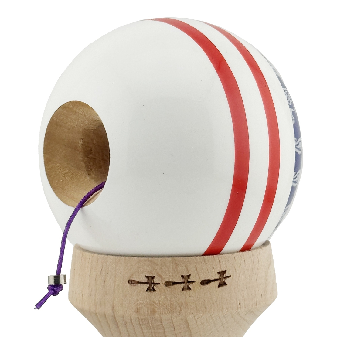 Kendama X Originala CHICANOS, Profesionala, Flippy, Cupe Mari KING SIZE V3, Super Sticky, Gaura in Baza, Rulment Metalic, din lemn 18 cm, Ata 62/65 cm, Mov/Alb