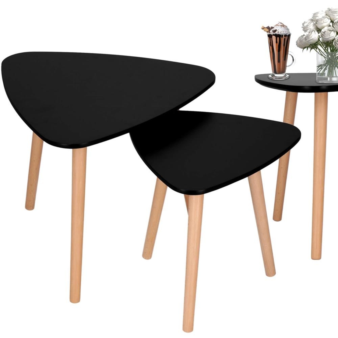 Set 2 mese de cafea, ovale, 54x45 cm si 41x40 cm, Blat MDF, Picioare lemn, Negru