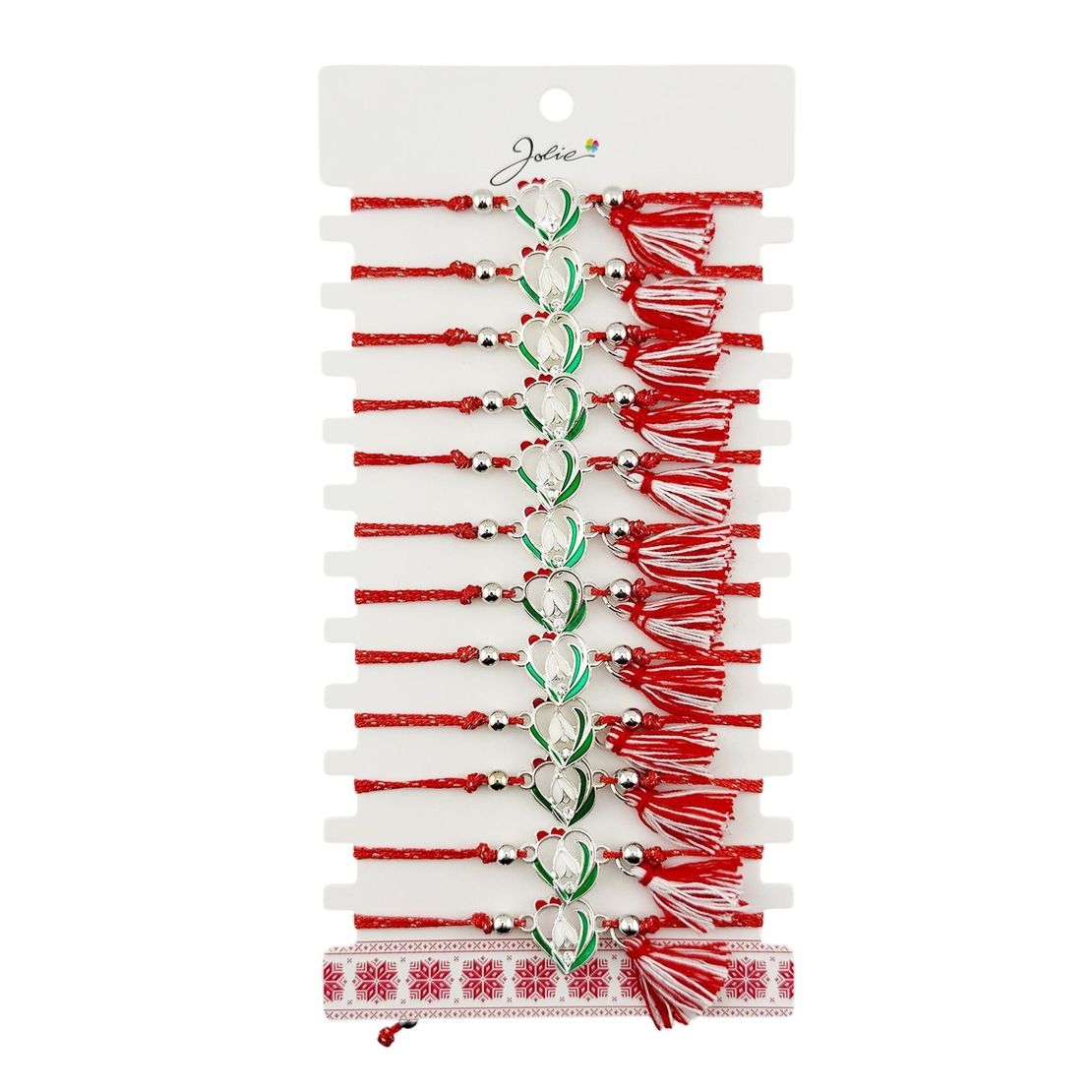 Martisor Bratara cu Ciucure pentru Dama, Jolie, Model Inima cu Ghiocel, Set 12 bucati, Pandativ din Inox, Snur Reglabil, Rosu/Alb