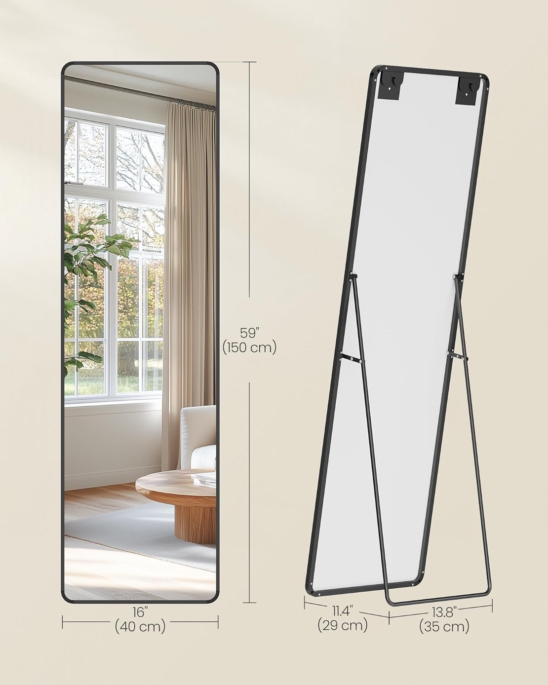 SONGMICS Oglinda de podea tip dressing, rama din aluminiu, sticla securizata, 150x40 cm, negru