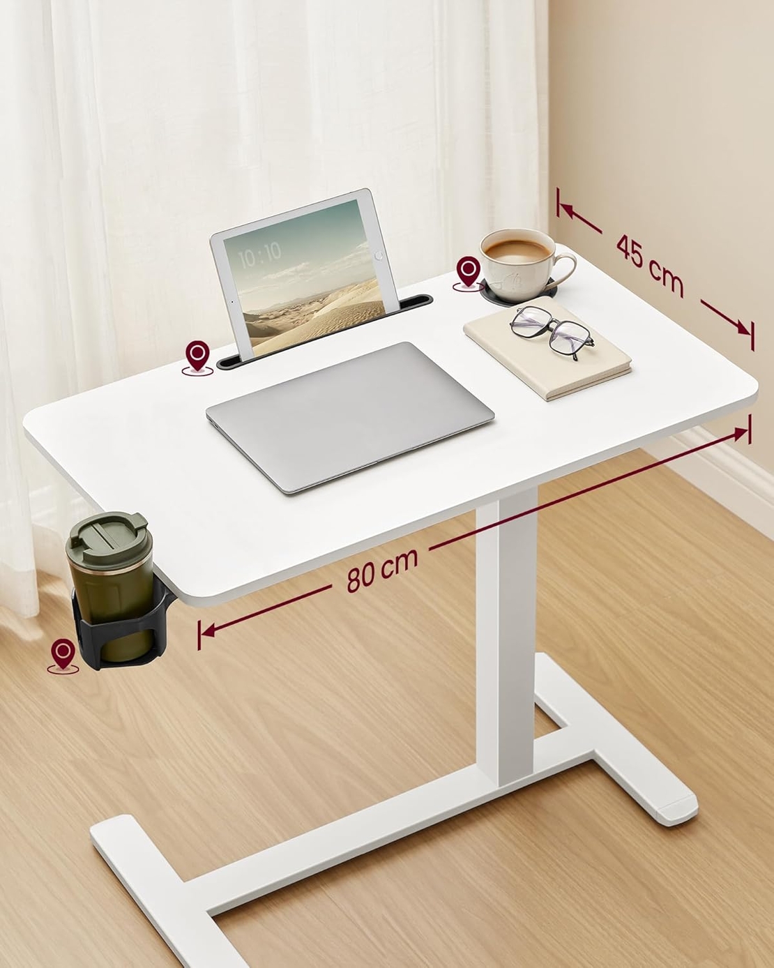 VASAGLE Masa tip birou, ajustabila cu roti pentru pat sau canapea, blat 80x45 cm, inaltime reglabila 65-102 cm, alb