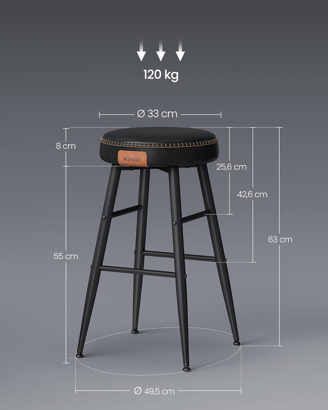 VASAGLE Set 2 scaune bar EKHO, tapiterie PU, cadru metalic, 50x50x63 cm, negru