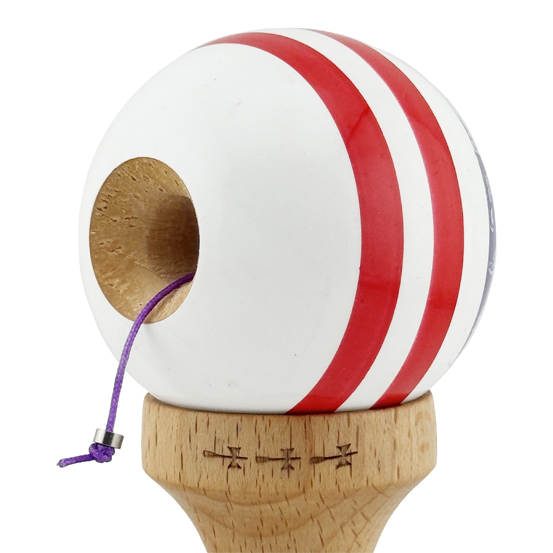 Kendama X CHICANOS Originala, Profesionala, Flippy, Big Cups V2, Super Sticky cu Cupe Mari, Rulment Metalic, din lemn 18 cm, Ata 55 cm, Violet/Alb