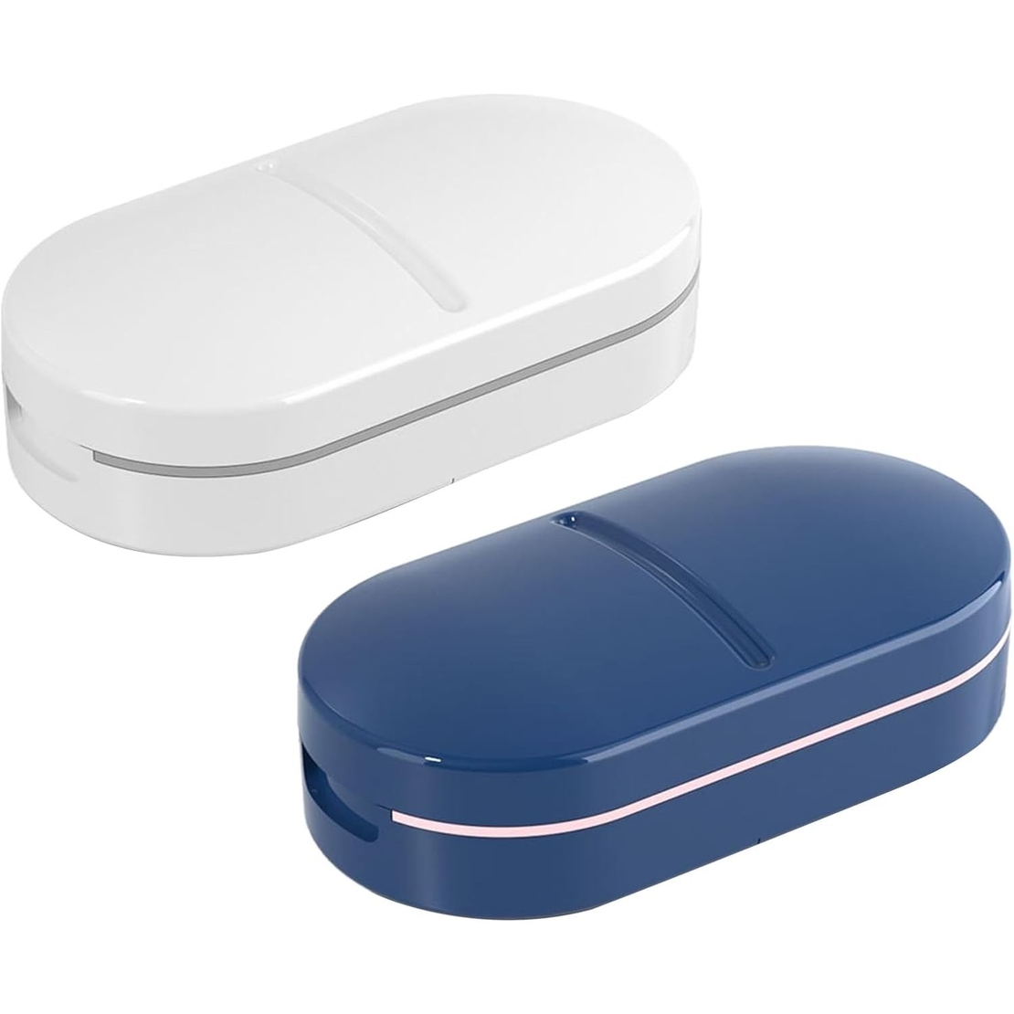 Organizator medicamente, Flippy, Dispozitiv Taiere/Sfaramare Pastile, Ideala pentru Calatorii, Portabila, Perie pentru Curatare, Compartiment depozitare, 8.5x4.5x2.5 cm, Albastru