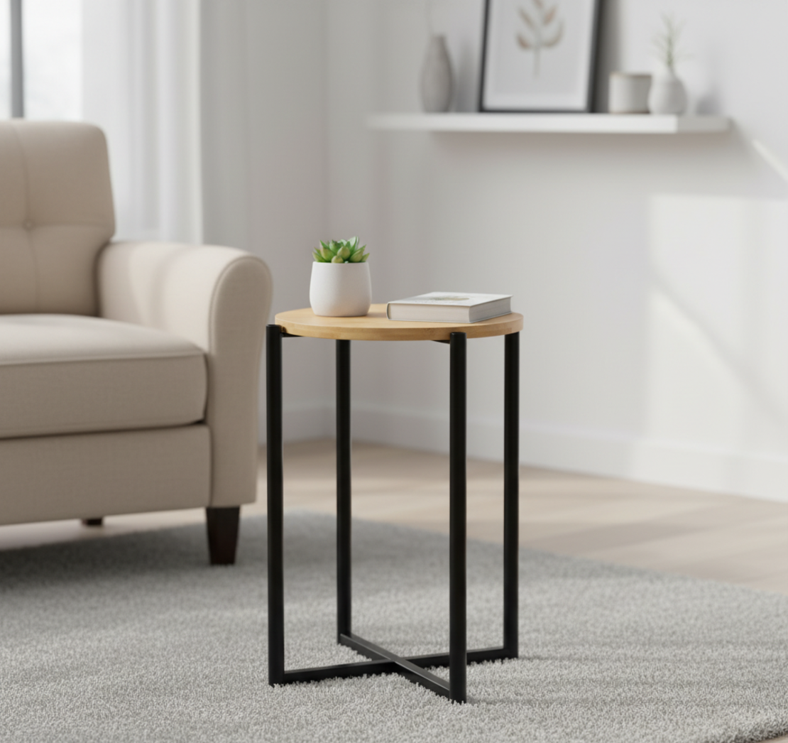 Masuta rotunda tip noptiera, baza metalica, 29x42 cm, design minimalist, negru