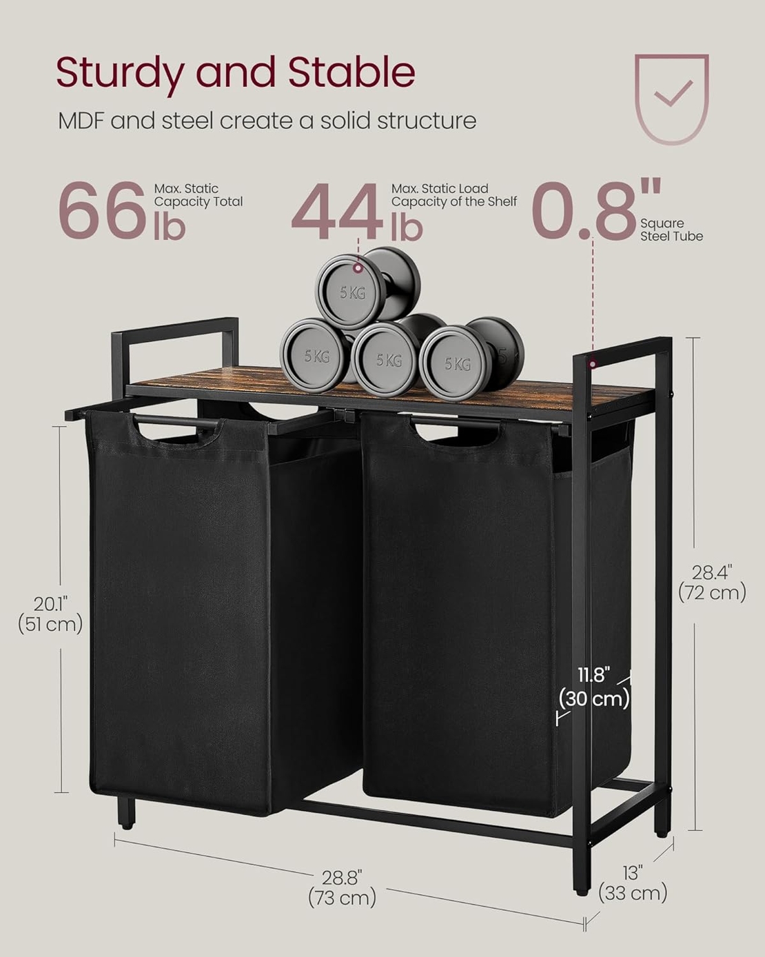 VASAGLE Cos de rufe, 2 compartimente, saci de rufe detasabili, raft, cadru metalic, 2x46L, 73x33x72 cm, maro rustic si negru
