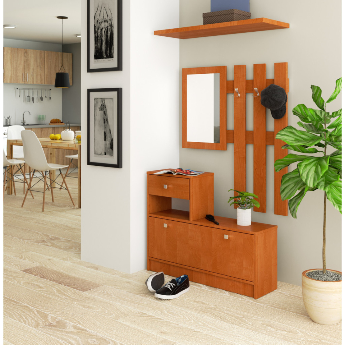 Set mobilier hol cu pantofar, oglinda, sertar si cuier metalic, PAL laminat, 90x25x170 cm, maro arin