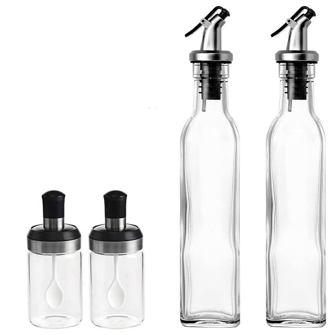 Sticle si Borcane de Ulei de Masline, Vafy, Dozator Set 4 Bucati, 2 Sticle cu Dispenser 500 ml/buc, 2 Borcane pentru Condimente cu Capac si Lingura 120ml/buc, Transparent