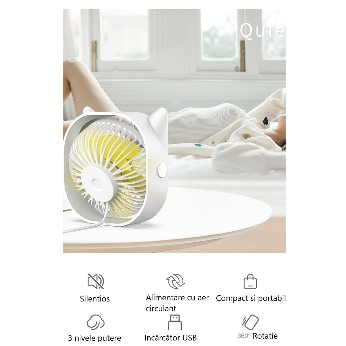 Mini ventilator pentru birou cu usb, Vafy, rotire 360 grade, 3 viteze, 13.5 x 12,8 cm, Alb
