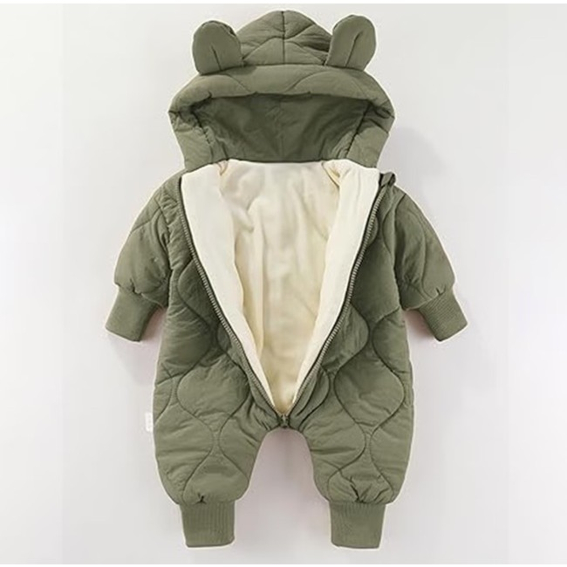 Combinezon de Iarna, Vafy, pentru Bebelusi, din Bumbac, cu Urechi, Mansete Elastice, Unisex, 73 cm, Verde