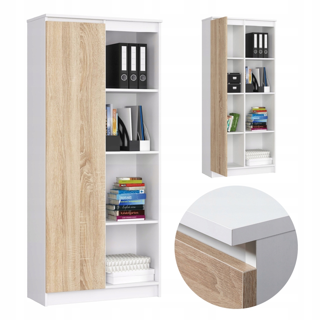 Dulap cu usa si 8 etajere, PAL laminat 16 mm, 80x35x180 cm, alb si stejar sonoma