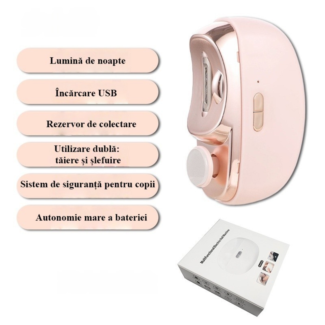 Unghiera Electrica 2 in 1, Flippy, Taiat si Slefuit, 2 Viteze, Lumina LED, Design Ergonomic, Compartiment Resturi, Portabila, Silentioasa 65 db, USB-C, Manichiura, Ideal Pentru Copii si Adulti, 8.5 x 6.8 x 3.3 cm, Roz