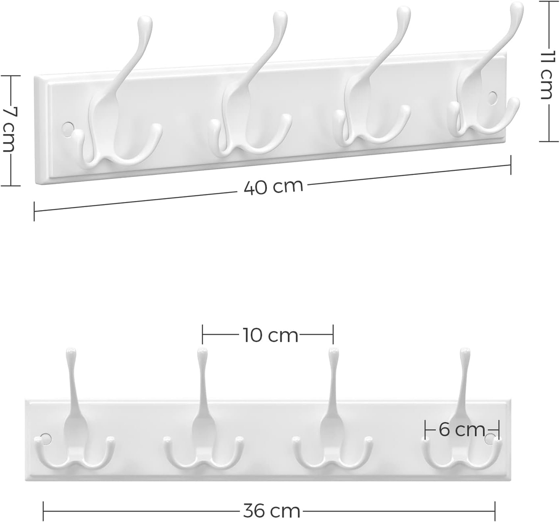 SONGMICS Cuier perete cu 4 carlige triple, MDF si aliaj zinc, 40x11 cm, alb