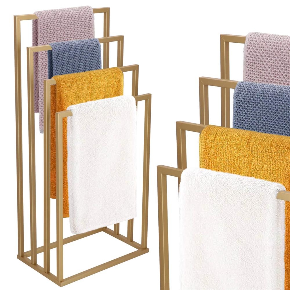 Suport metalic de baie pentru prosoape, cu 4 standuri, 96 cm, auriu mat