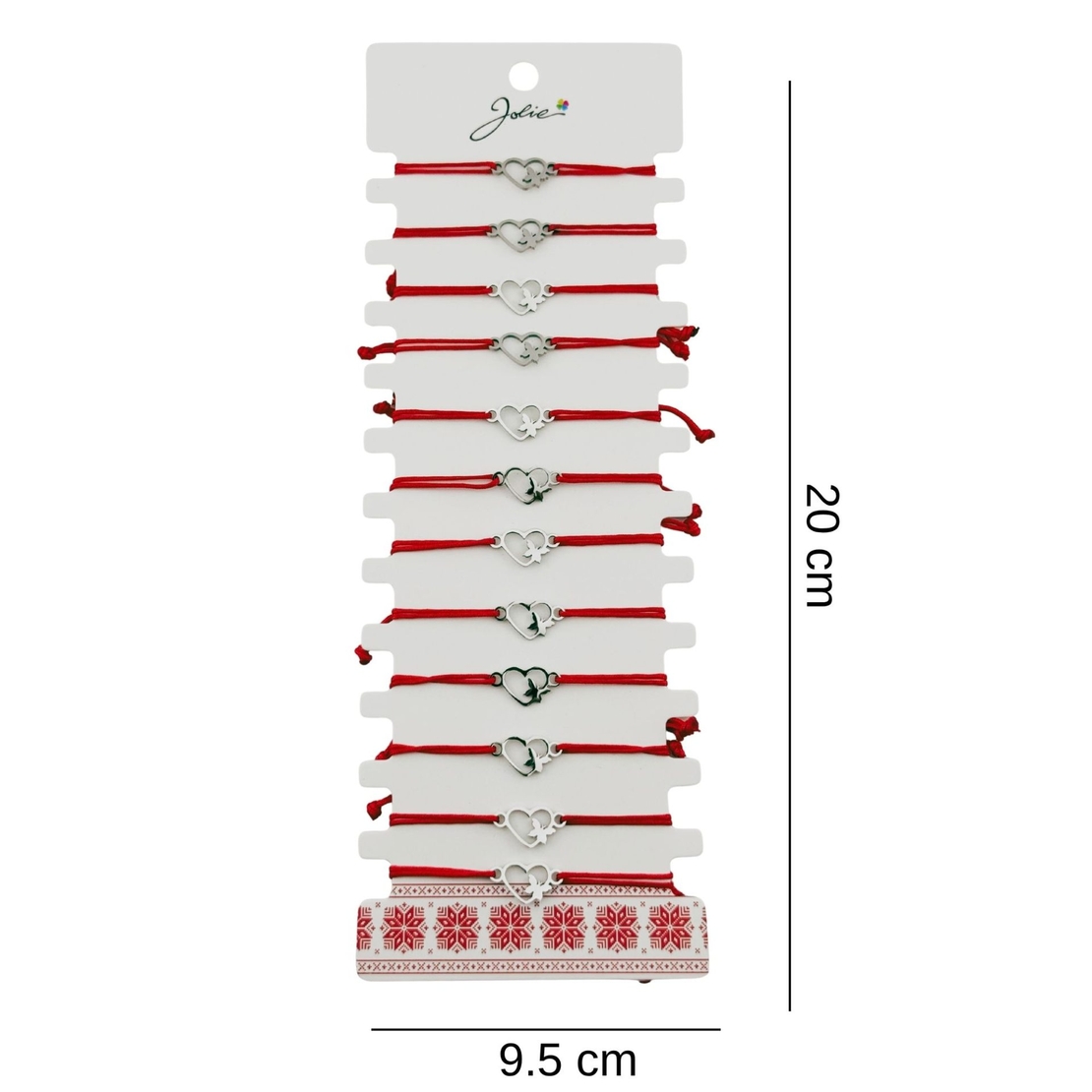 Bratara Martisor pentru Dama, Jolie, Model Inima cu Fluture, Set 12 bucati, Pandativ Argintiu din Inox cu Snur Rosu Ajustabil