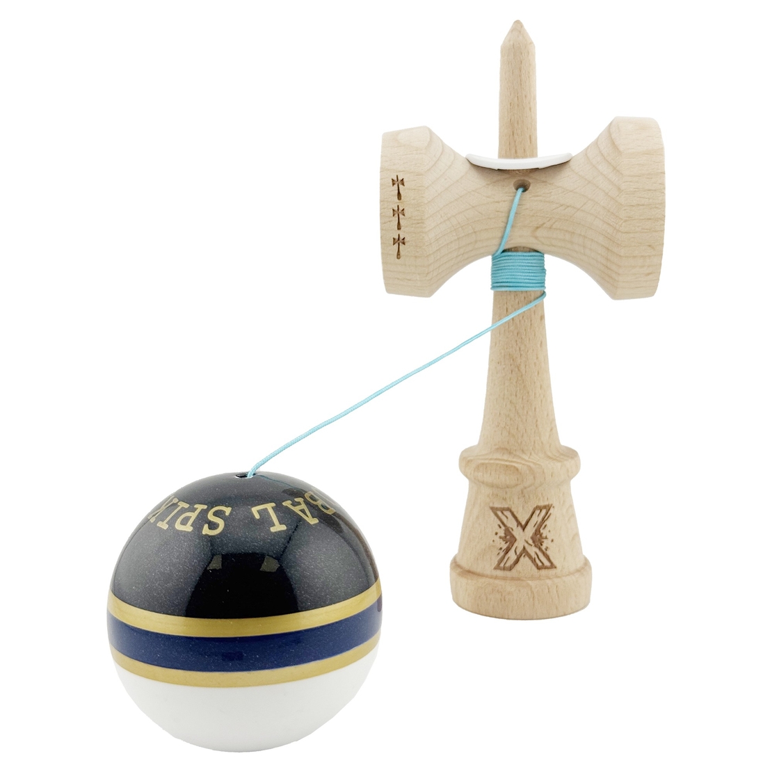 Kendama X Originala ROYAL SPIKE, Profesionala, Flippy, Cupe Mari KING SIZE V3, Super Sticky, Gaura in Baza, Rulment Metalic, din lemn 18 cm, Ata 62/65 cm, Inel Albastru inchis