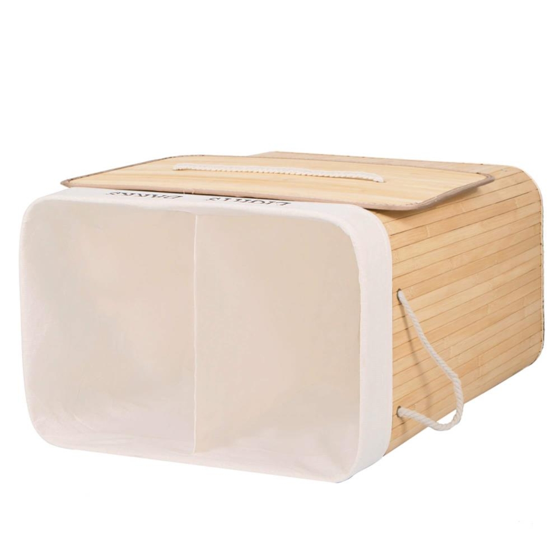 Cos de rufe cu capac si 2 compartimente, sac textil detasabil, 105 litri, 52x33x63 cm, bambus natural