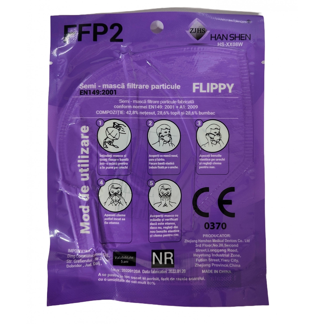 Set 7 bucati Masca de protectie faciala, Flippy, de unica folosinta pentru adulti, FFP2, KN95 CE 0370, 5 straturi, nesterila, ambalaj individual, Alb