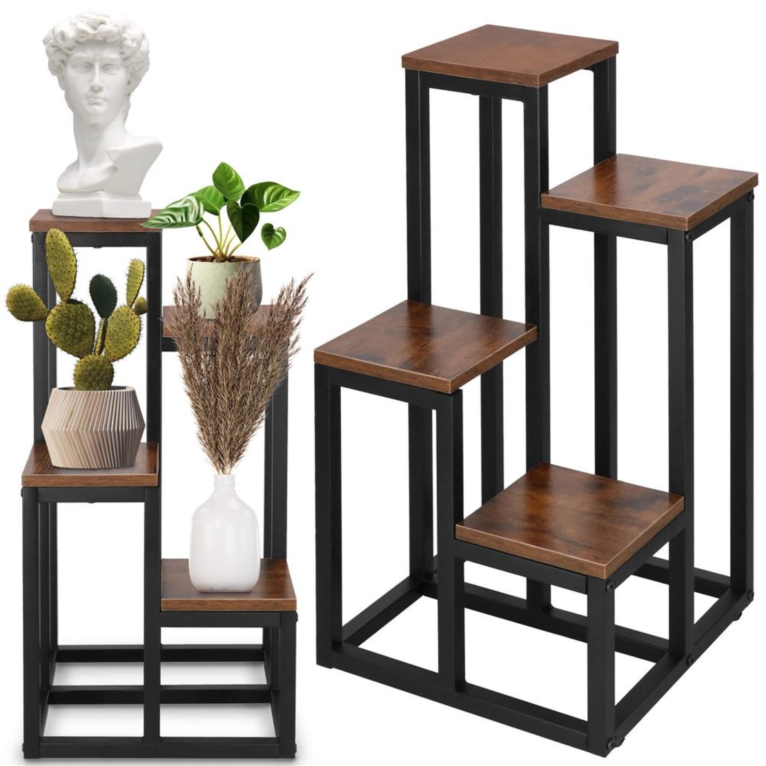 Stand pentru flori, cadru metalic, 4 etajere, 34x34x68 cm, maro inchis