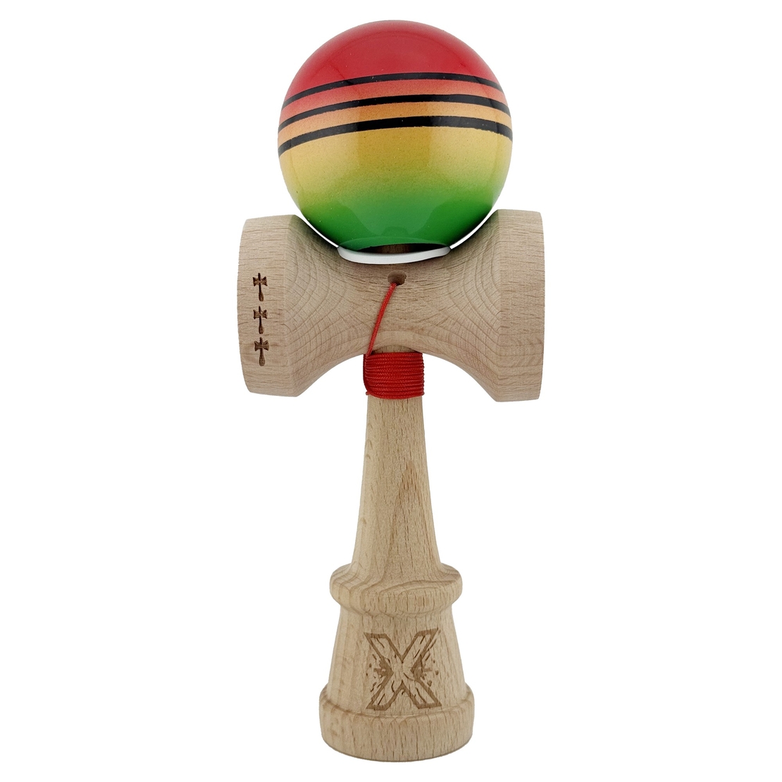 Kendama X Originala, Profesionala, Flippy, Super Sticky cu Cupe Mari KING SIZE V3, Gaura in Baza, Rulment Metalic, din lemn 18 cm, Ata 62/65 cm, Special Rosu/Verde