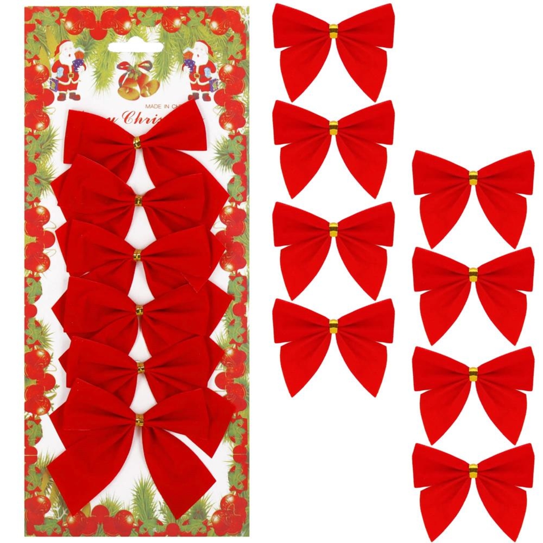 Set 6 ornamente pentru bradul de Craciun, fundita, 8cm, rosu